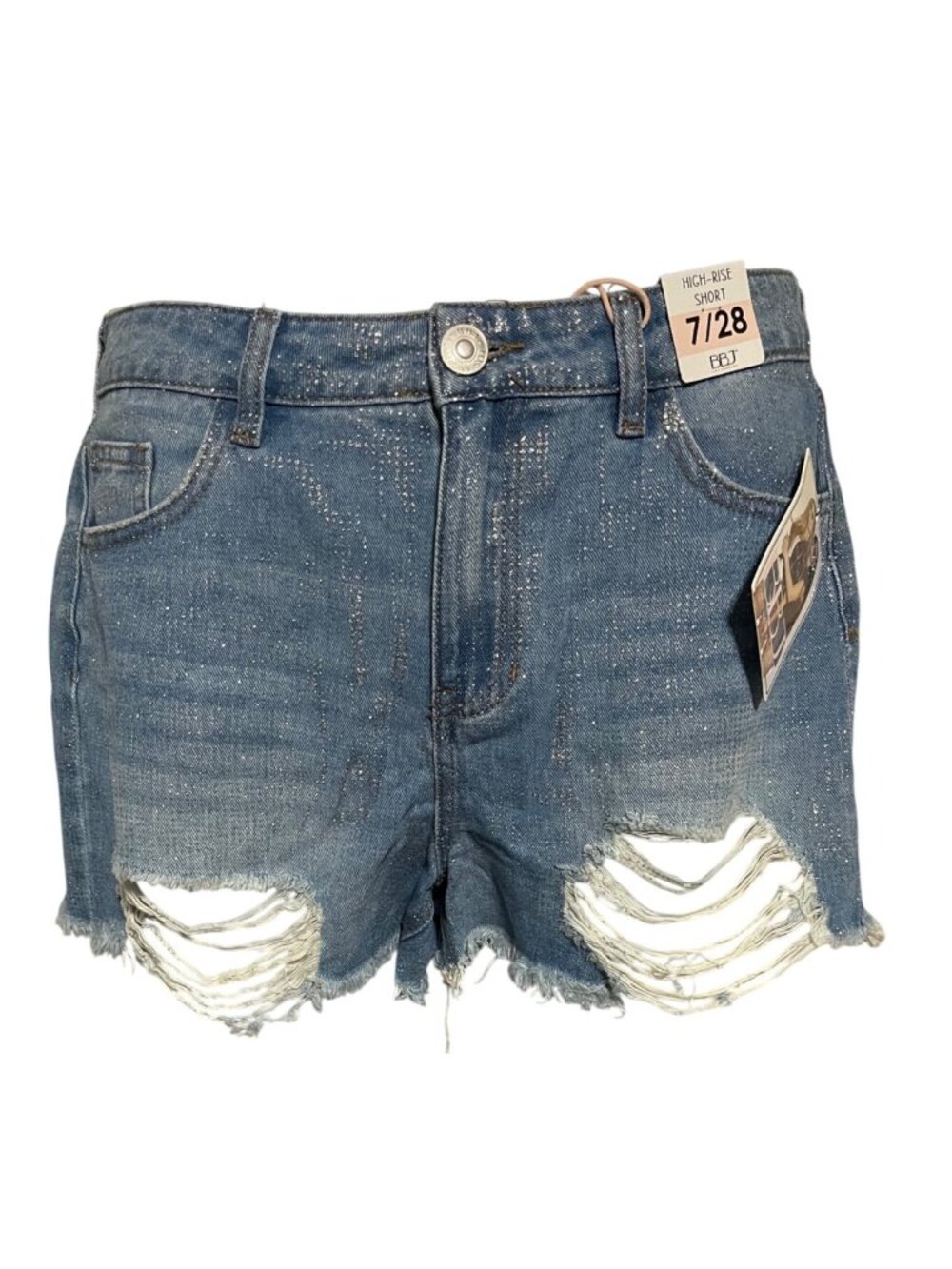 BBJ High-Rise Glitter Distressed Denim Shorts Size 7/28 Blue Ripped Hem Sparkle